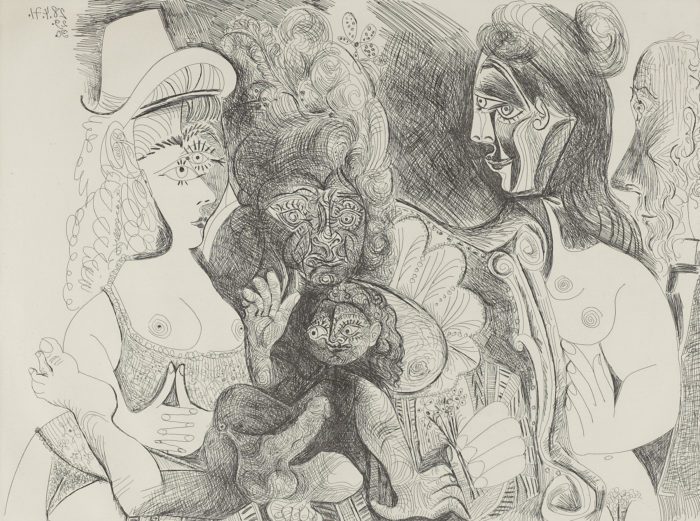 Degas viewing three barebreasted women and child, Pablo Picasso