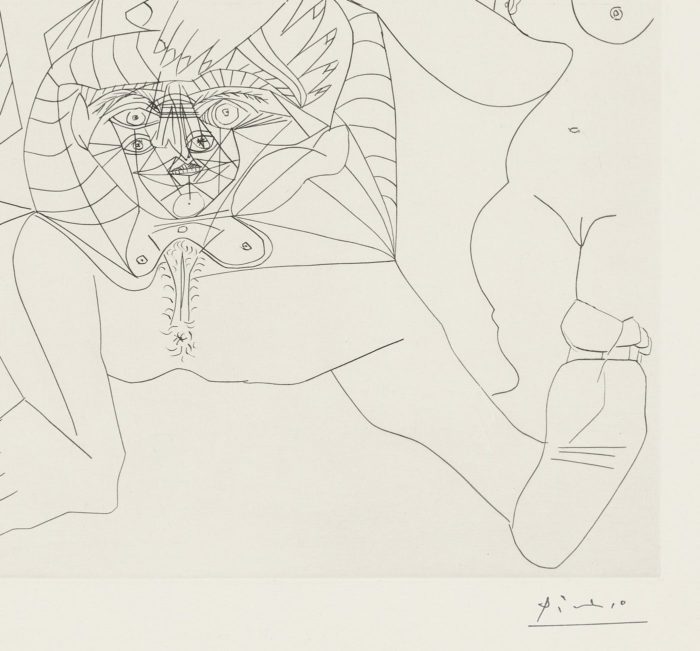 Mujer acostada, en escorzo, molestada con bromas por otra dos mujeres, 1971, Pablo Picasso