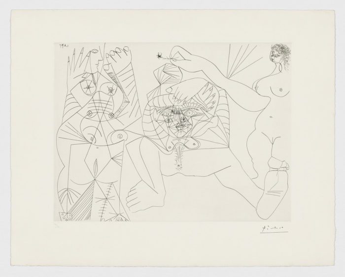 Mujer acostada, en escorzo, molestada con bromas por otra dos mujeres, 1971, Pablo Picasso