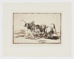 Los moros establecidos en España, prescindiendo de las supersticiones de su Alcorán adoptaron esta caza y arte, y lancean un toro en el campo, 1928, Francisco de Goya