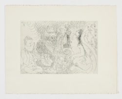 Teatro: cornudo como Zeus, con su águila, mujer y un personaje comiendo sandía, 1966, Pablo Picasso