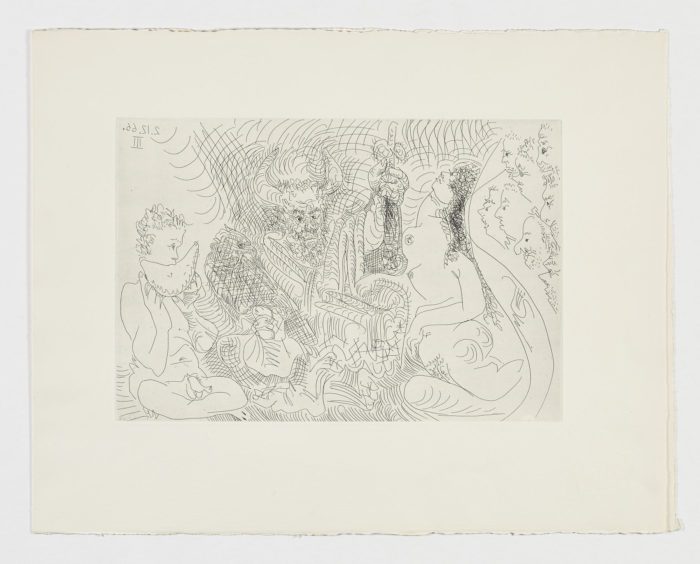 Teatro: cornudo como Zeus, con su águila, mujer y un personaje comiendo sandía, 1966, Pablo Picasso