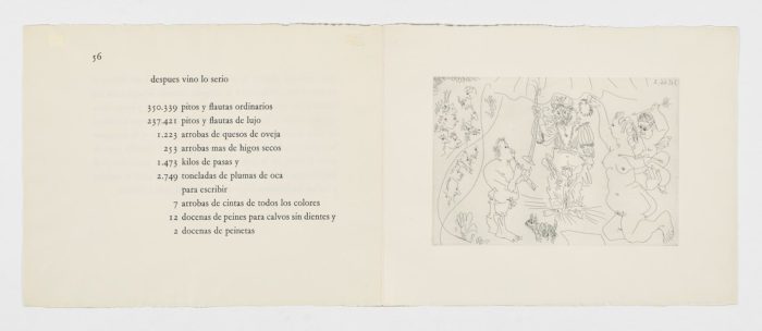 En el teatro: el cornudo coronado por Venus, con un Cupido, un flautista y un perrito, 1966, Pablo Picasso