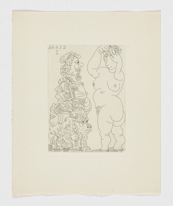 Prostituta gorda y hombre con boina rembranesca y con bulldog francés, 1968, Pablo Picasso